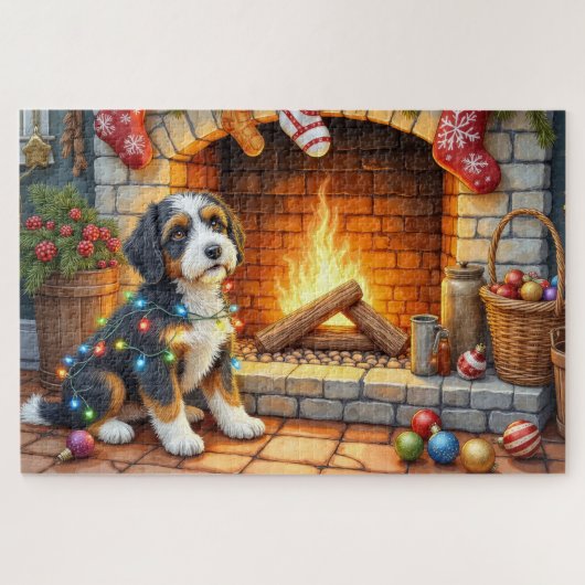 Bernedoodle Kamin mit Weihnachtslichtern Puzzle (Horizontal)