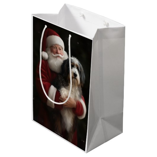 Bernedoodle mit dem Weihnachtsmann Weihnachten Mittlere Geschenktüte (Rückseite Schrägansicht)