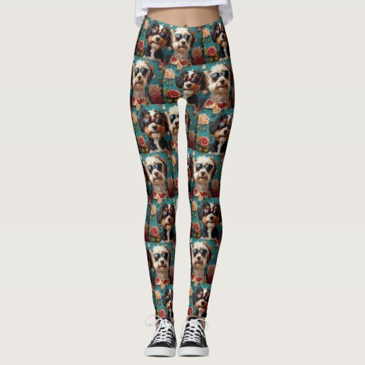 Bernedoodle mit Herz-Rose Valentinstag Leggings (Vorderseite)