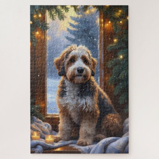 Bernedoodle mit Weihnachtsbeleuchtung Urlaub Puzzle (Vertikal)