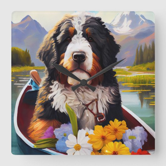 Bernedoodle on a Paddle: Ein Landschaftliches Aben Quadratische Wanduhr (Vorderseite)