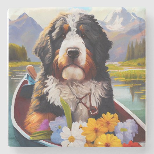 Bernedoodle on a Paddle: Ein Landschaftliches Aben Steinuntersetzer (Vorderseite)