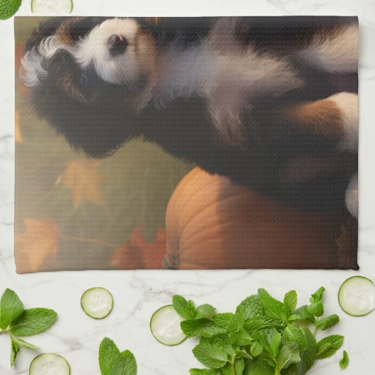 Bernedoodle Puppy Autumn Delight Pumpen Geschirrtuch (Gefaltet)