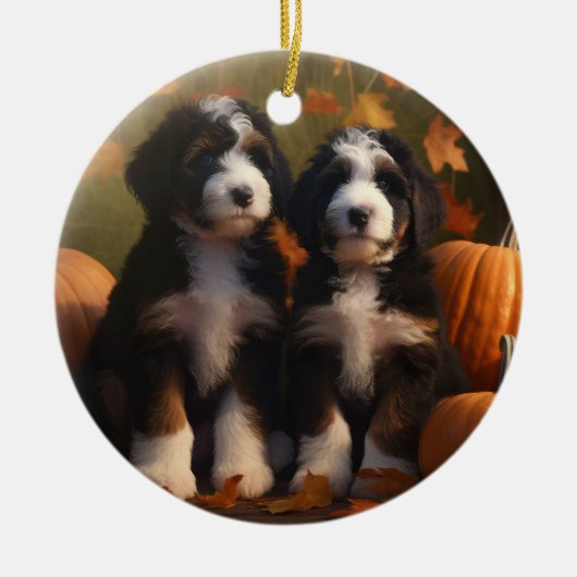 Bernedoodle Puppy Autumn Delight Pumpen Keramik Ornament (Vorne)