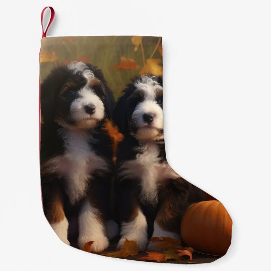 Bernedoodle Puppy Autumn Delight Pumpen Kleiner Weihnachtsstrumpf (Vorderseite)