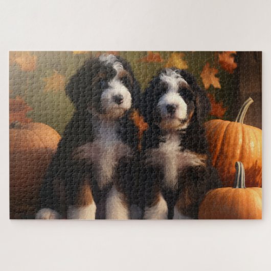 Bernedoodle Puppy Autumn Delight Pumpen Puzzle (Horizontal)