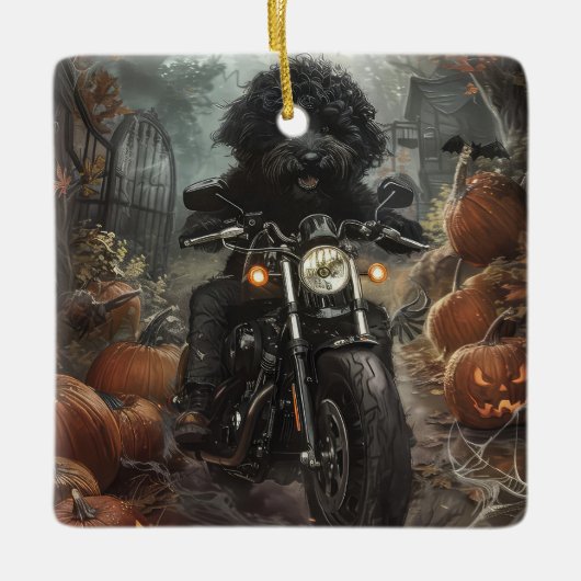 Bernedoodle Riding Motorrad Halloween Beängstigend Keramikornament (Vorderseite)