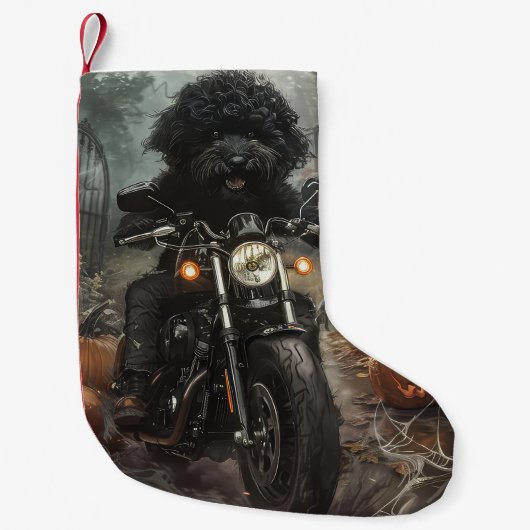 Bernedoodle Riding Motorrad Halloween Beängstigend Kleiner Weihnachtsstrumpf (Vorderseite)