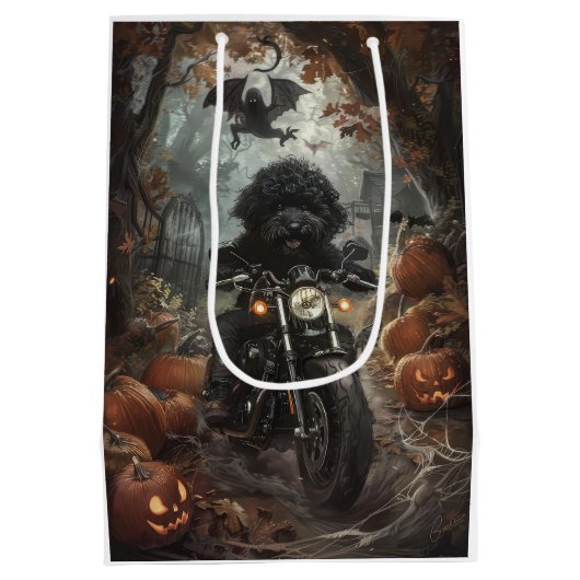 Bernedoodle Riding Motorrad Halloween Beängstigend Mittlere Geschenktüte (Rückseite)