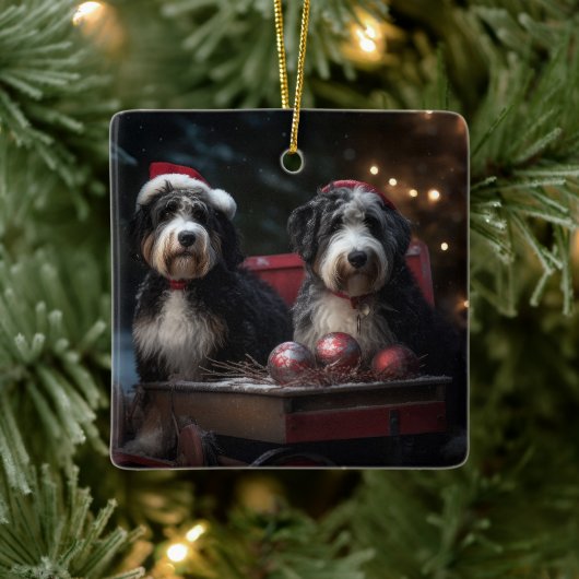 Bernedoodle Snowy Sleigh Weihnachtsdekor Keramikornament (Baum)