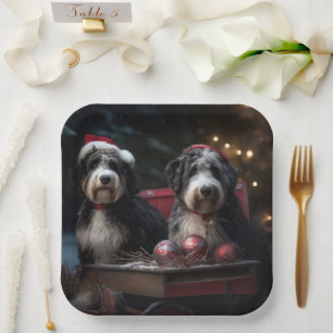 Bernedoodle Snowy Sleigh Weihnachtsdekor Pappteller