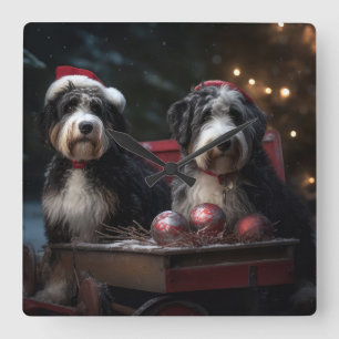 Bernedoodle Snowy Sleigh Weihnachtsdekor Quadratische Wanduhr