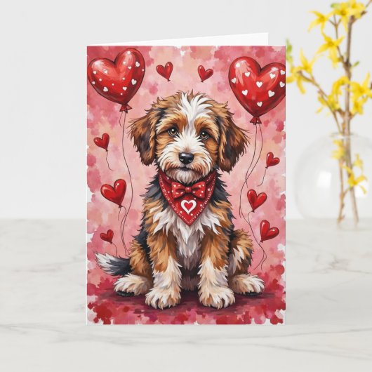 Bernedoodle Valentine Dog Sitting with Hearts Red Karte (Gelbe Blume)