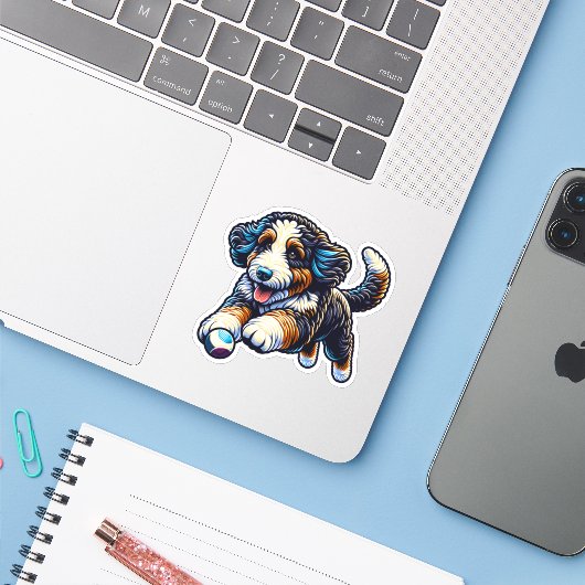 Bernedoodle Vinyl Dog Sticker (Laptop mit iPhone)