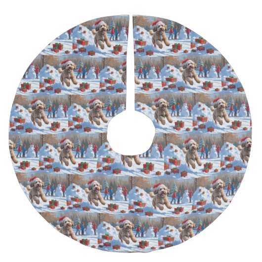 Bernedoodle Weihnachtsfest Schneeszene Polyester Weihnachtsbaumdecke (Vorderseite)