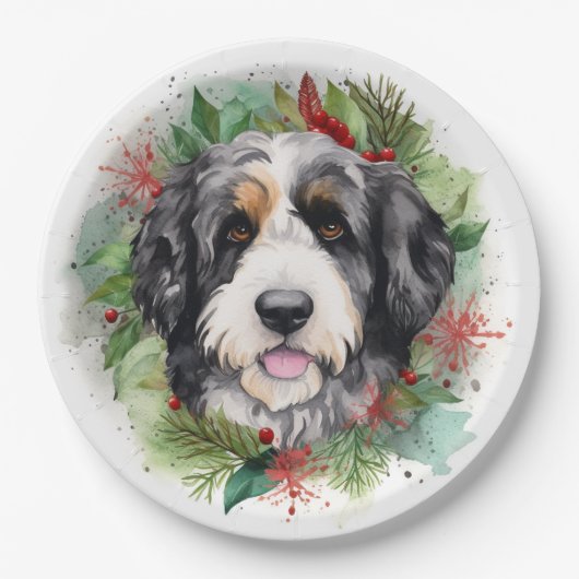 Bernedoodle Weihnachtsmann Festliche Jungfrau Pappteller (Vorderseite)