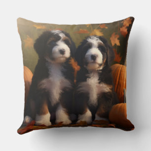 Bernedoodle Welpe Herbstfreude Kürbis Kissen