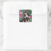 Bernedoodle-Welpe in Petunien Quadratischer Aufkleber (Tasche)