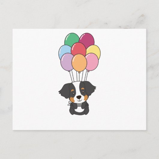 Berner Hund fliegt mit farbenfrohen Balloons Postkarte (Vorderseite)