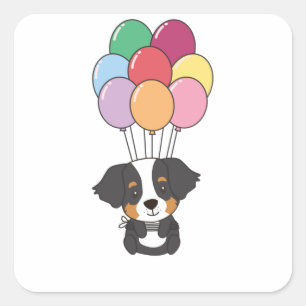 Berner Hund fliegt mit farbenfrohen Balloons Quadratischer Aufkleber