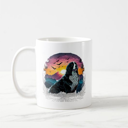 Berner Hund mit Aussicht auf den Berg Sonnenaufgan Kaffeetasse (Links)