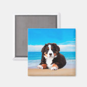 Berner Hund sitzend am Strand Magnet (Vorderseite/Rückseite)