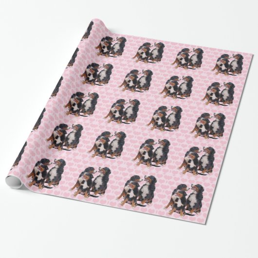 Berner Hunde mit rosa Herzen Geschenkpapier (Ungerollt)