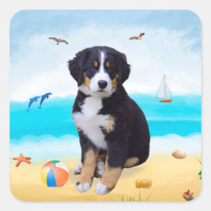 Berner Sennenhund am Strand Quadratischer Aufkleber