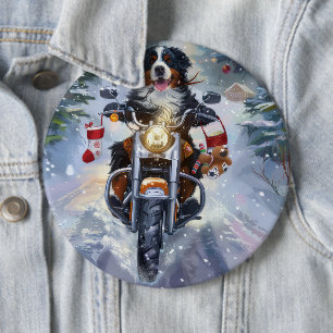 Berner Sennenhund fährt Motorrad Weihnachten Button