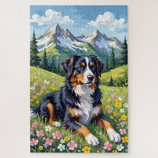 Berner Sennenhund Frühlingstalpine Wiese Puzzle (Vertikal)