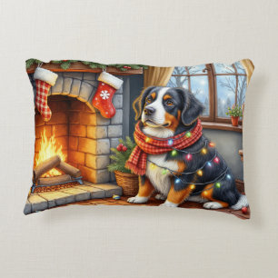 Berner Sennenhund Kamin mit Weihnachtslichtern Dekokissen