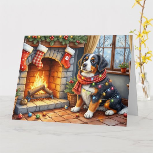Berner Sennenhund Kamin mit Weihnachtslichtern Karte (Gelbe Blume)