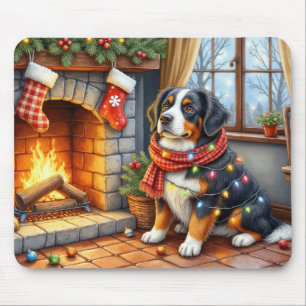 Berner Sennenhund Kamin mit Weihnachtslichtern Mousepad