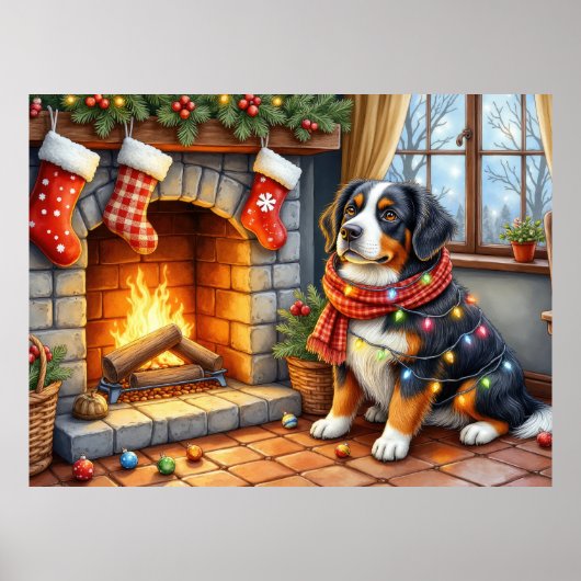 Berner Sennenhund Kamin mit Weihnachtslichtern Poster (Vorne)