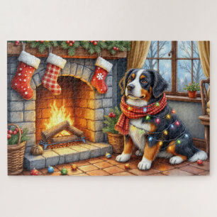 Berner Sennenhund Kamin mit Weihnachtslichtern Puzzle
