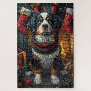 Berner Sennenhund mit Weihnachtsgeschenken Kamin Puzzle