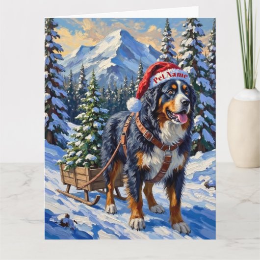 Berner Sennenhund-Weihnachtsbaum-Schlittenhund-Müt Karte (Vorderseite)