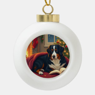 Berner Sennenhund Weihnachtsbettgeschichte Keramik Kugel-Ornament
