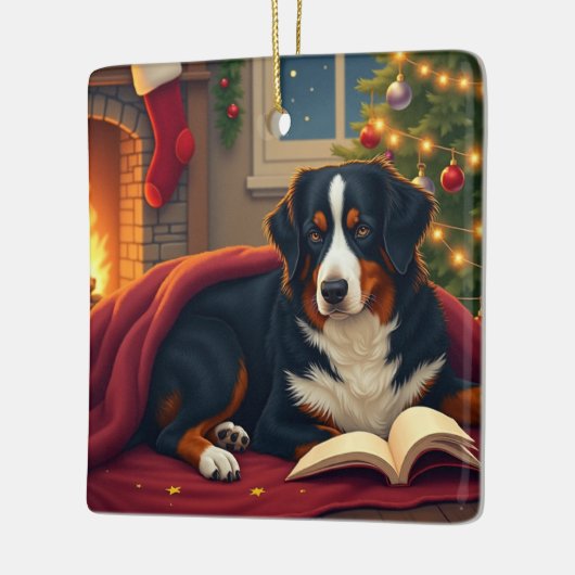 Berner Sennenhund Weihnachtsgeschichte vor dem Sch Keramikornament (Links)