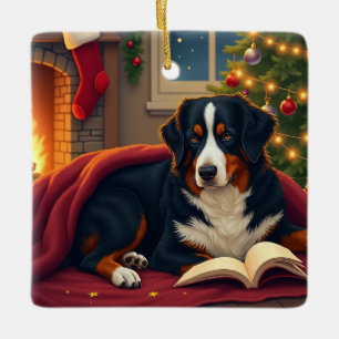 Berner Sennenhund Weihnachtsgeschichte vor dem Sch Keramikornament