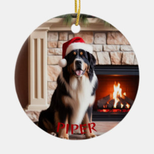 Berner Sennenhund Weihnachtsmann-Hut-Anhänger Keramik Ornament