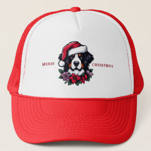 Bernese Hund mit Weihnachtsmannmütze und Florals Truckerkappe