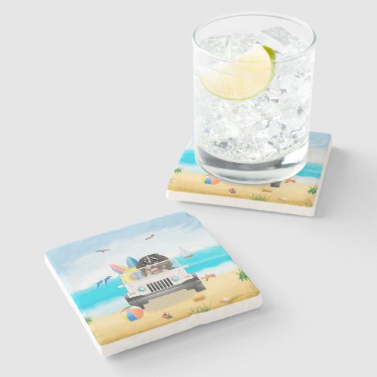 bernese Hunde fahren am Strand Steinuntersetzer (Seitenansicht)