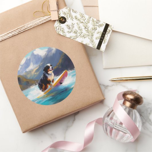 Bernese Mountain Beach Surf Malerei Runder Aufkleber (Schenken)