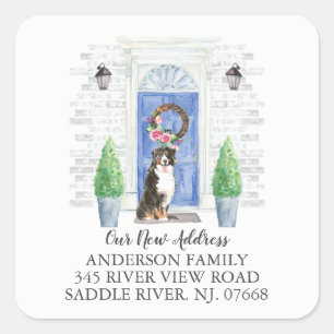 Bernese Mountain Blue Door New Address Label Quadratischer Aufkleber