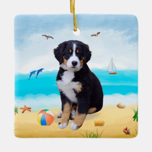 Bernese Mountain Dog am Strand Keramikornament (Vorderseite)