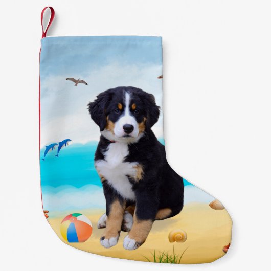 Bernese Mountain Dog am Strand Kleiner Weihnachtsstrumpf (Vorderseite)