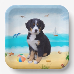 Bernese Mountain Dog am Strand Pappteller