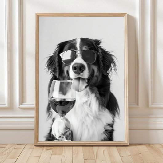 Bernese Mountain Dog and Wine Wall Art, Black and  Poster