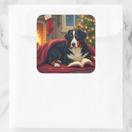 Bernese Mountain Dog Christmas Bedtime Story Quadratischer Aufkleber (Tasche)